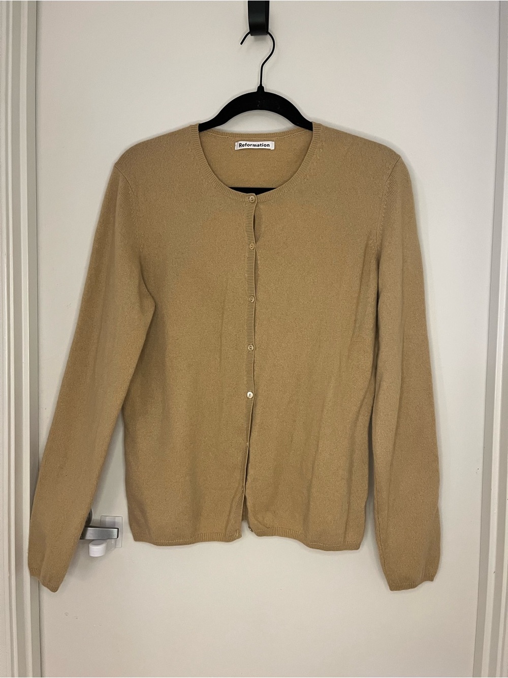 Reformation Camel Button-Front Crew Cardigan